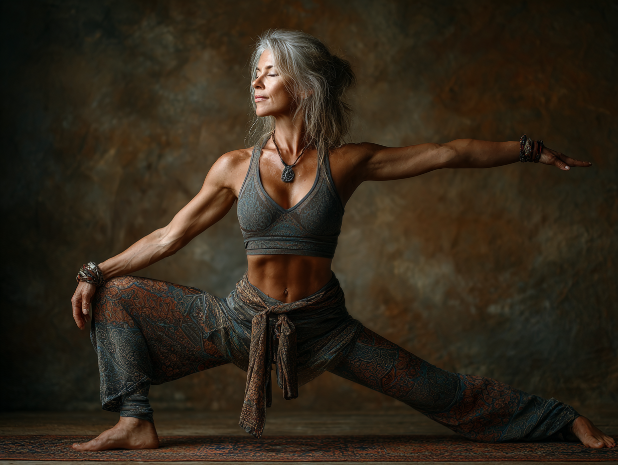 Чоловік середнього віку виконує асану на природі